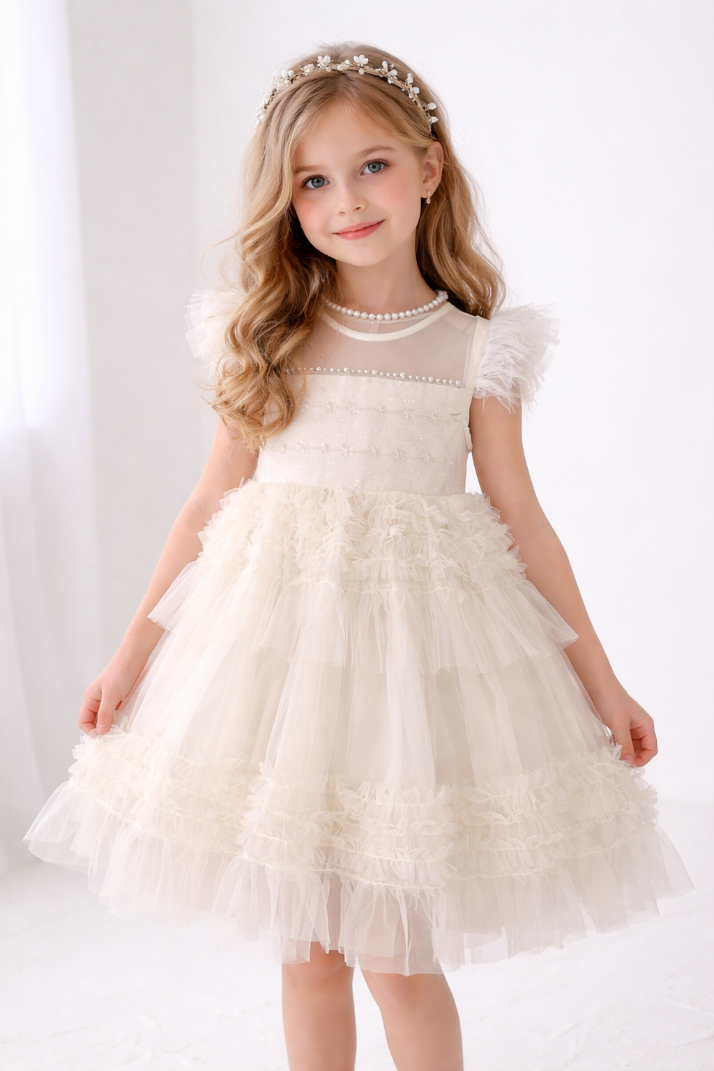 Girls Luxury Flutter Sleeve Tulle Dress